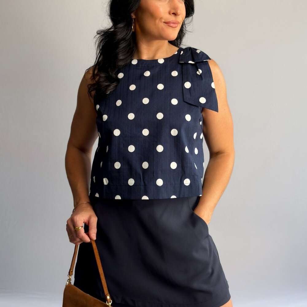 Women’s Navy Polka Dot Sleeveless Top – Bow-Shoulder Detail, Boxy Fit